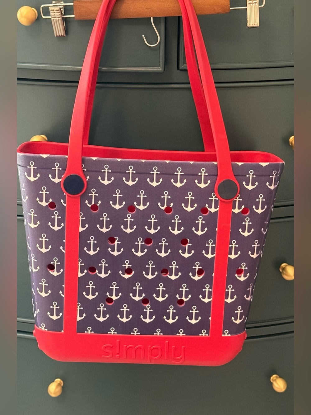 Simply Southern Navy Anchor Tote with Red Trim Medium size